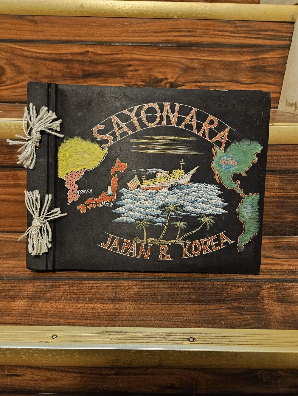 Vtg Sayonara Japan Korea Photo Album Scrapbook Hand Painted Map Souvenir